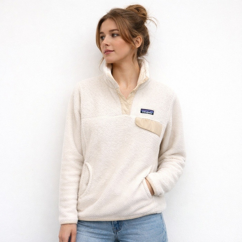 Patagonia Re-Tool Snap-T Fleece Forest Ivory Beige Trim Cozy Pullover Medium
